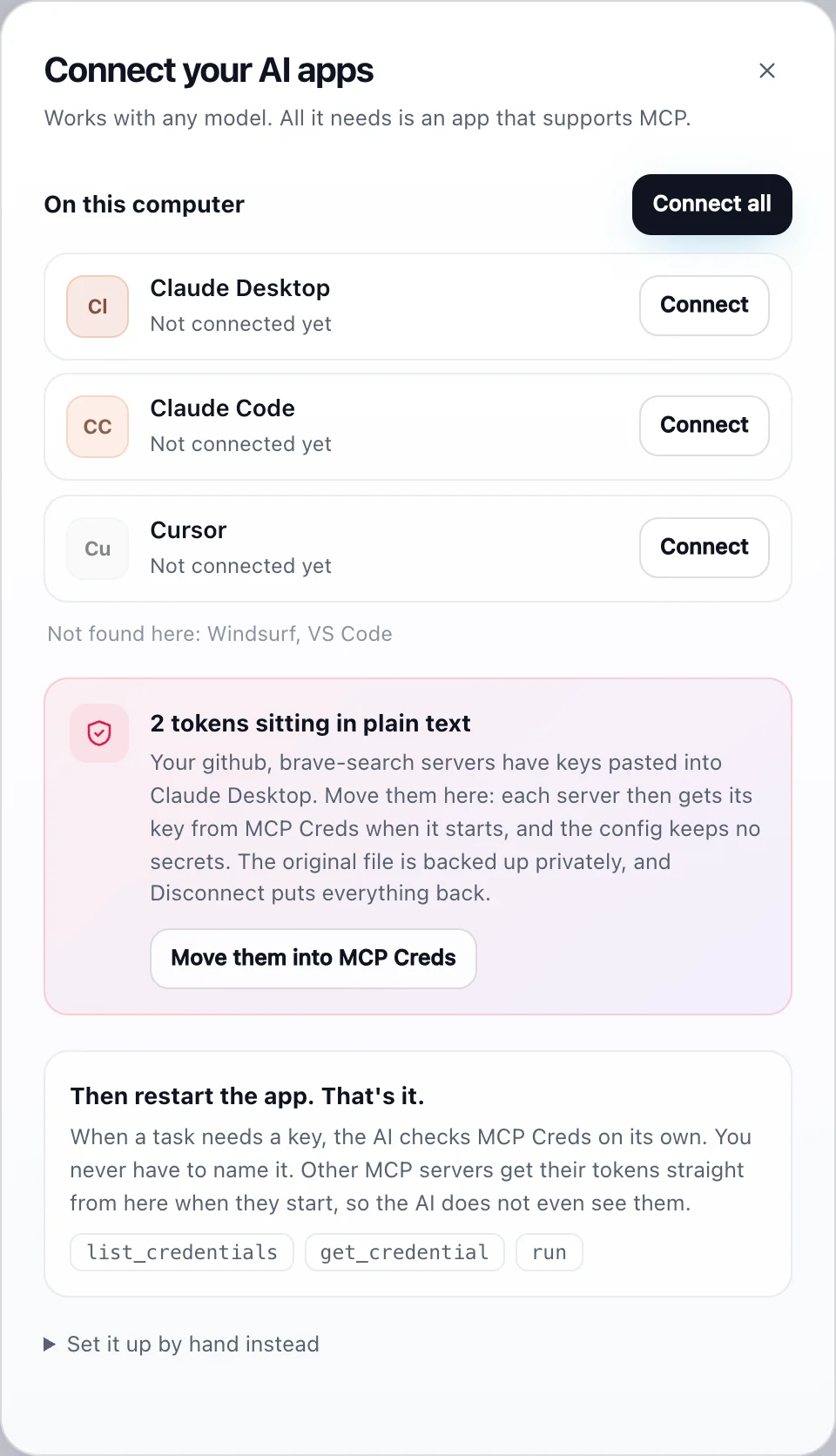 Connect panel listing Claude Desktop, Claude Code and Cursor with a Connect all button