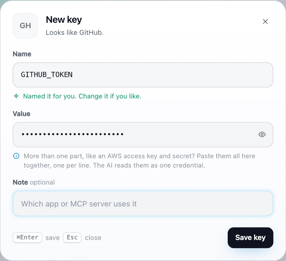 New key dialog that auto-named a pasted GitHub token GITHUB_TOKEN